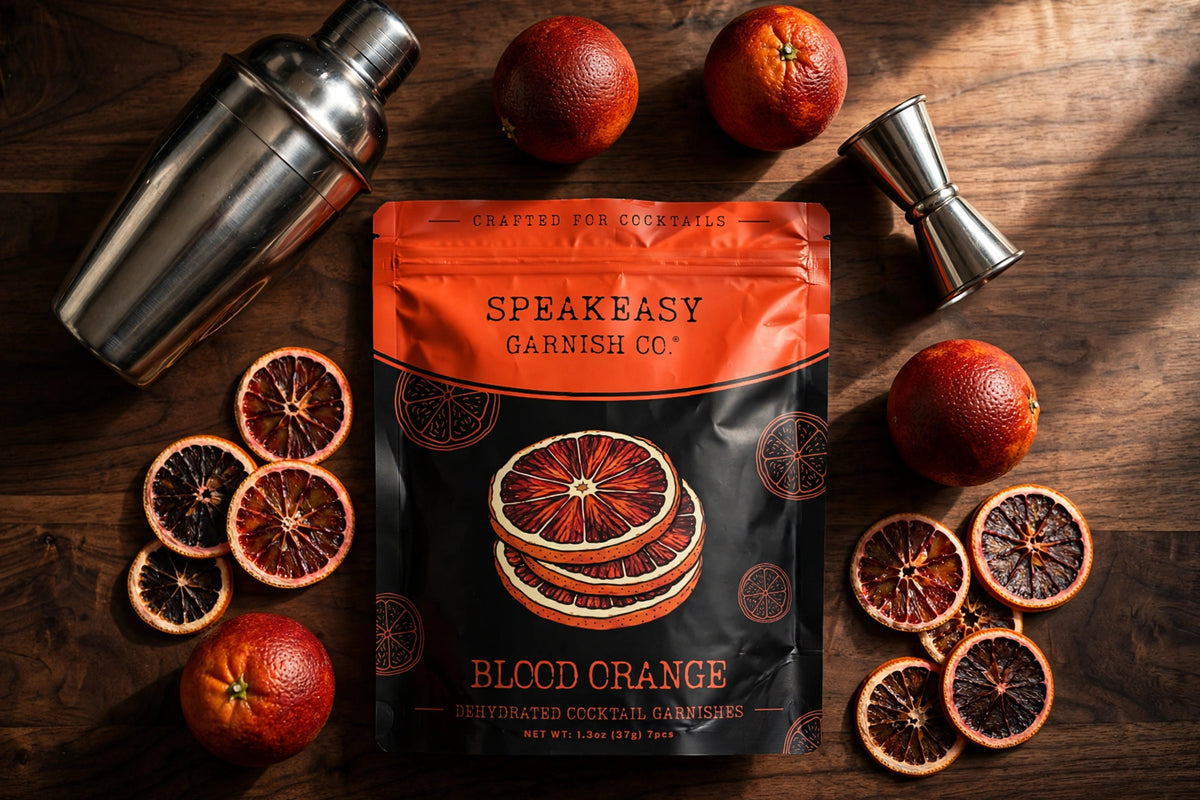 Speakeasy Garnishes blood orange pouch with bar tools and fresh blood oranges on dark wood
