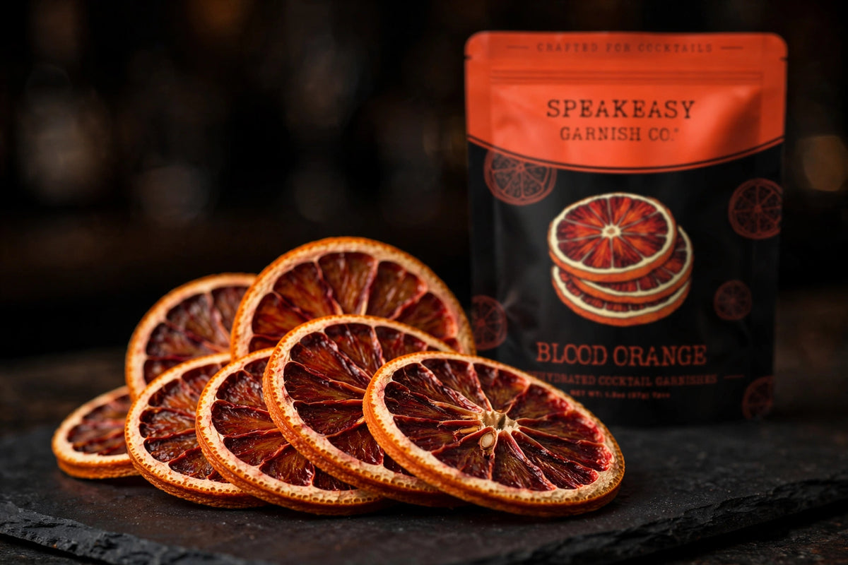 Dried blood orange wheels fanned on dark slate with Speakeasy Garnishes pouch behind