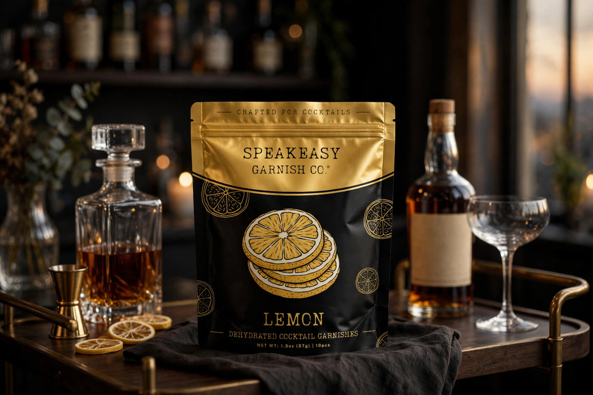 Speakeasy Garnishes lemon pouch on a home bar cart among bottles and glassware