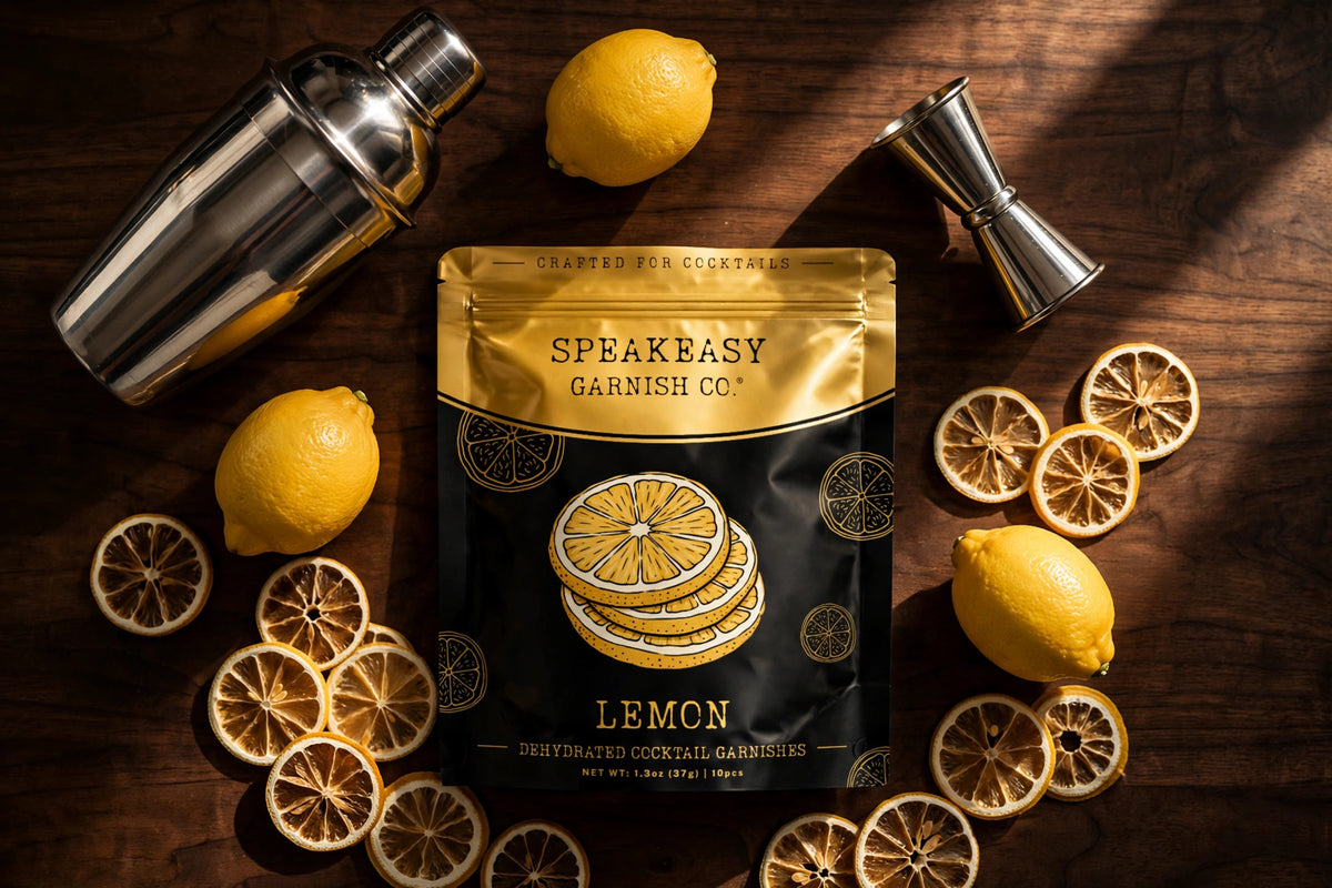 Speakeasy Garnishes lemon pouch with bar tools and fresh lemons on dark wood
