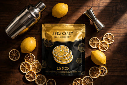 Speakeasy Garnishes lemon pouch with bar tools and fresh lemons on dark wood