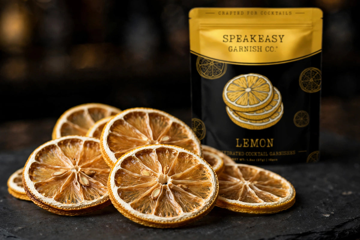 Dried lemon wheels fanned on dark slate with Speakeasy Garnishes pouch behind