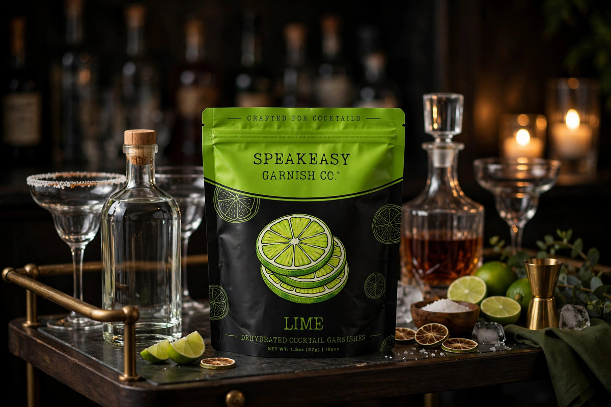 Speakeasy Garnishes lime pouch on a home bar cart among bottles and glassware