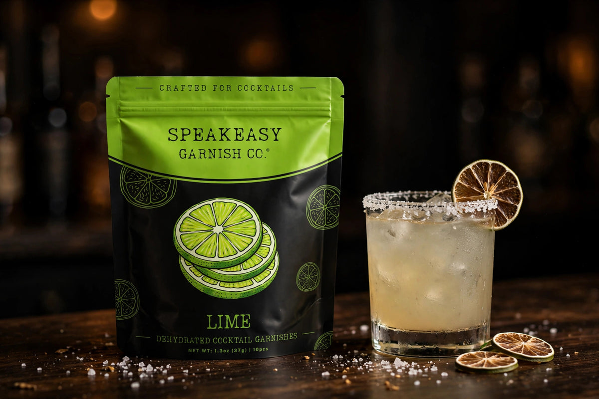Dried lime slice garnish in a margarita beside the Speakeasy Garnishes lime pouch