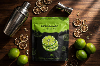 Speakeasy Garnishes lime pouch with bar tools and fresh limes on dark wood