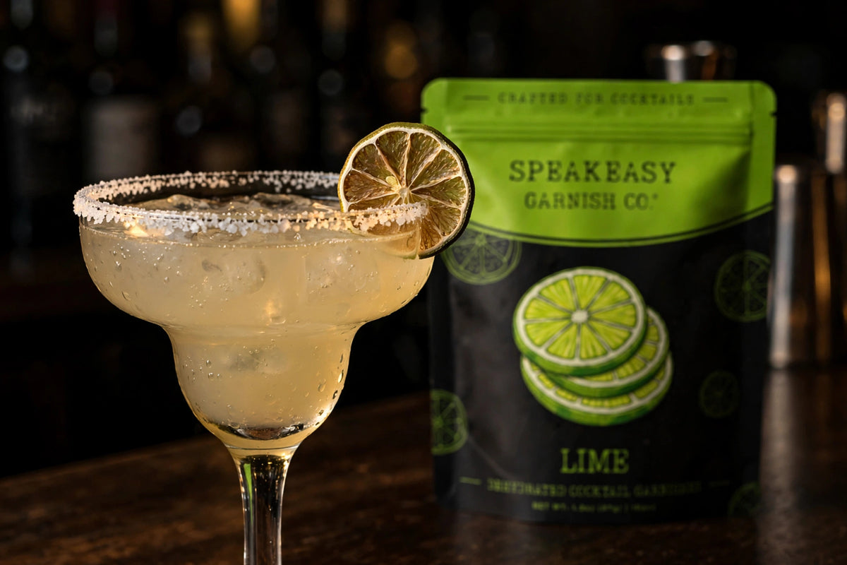 Dried lime wheel on a cocktail glass rim, Speakeasy Garnishes lime pouch in background