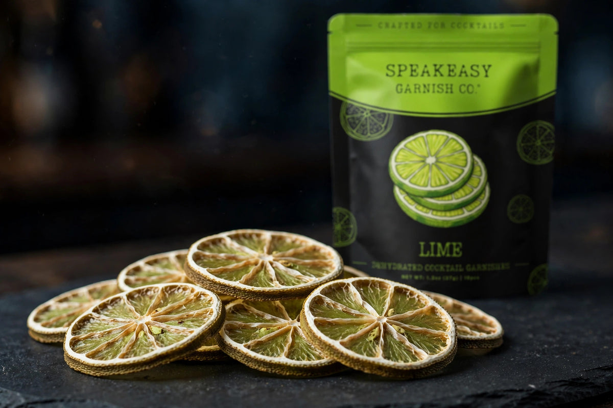 Dried lime wheels fanned on dark slate with Speakeasy Garnishes pouch behind