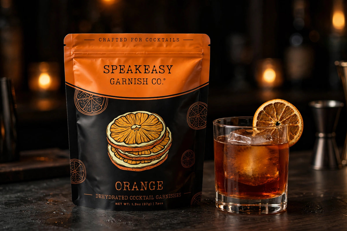 Dried orange slice garnish in an old fashioned beside the Speakeasy Garnishes orange pouch