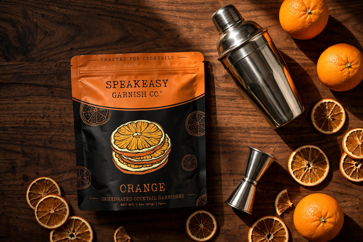 Speakeasy Garnishes orange pouch with bar tools and fresh oranges on dark wood