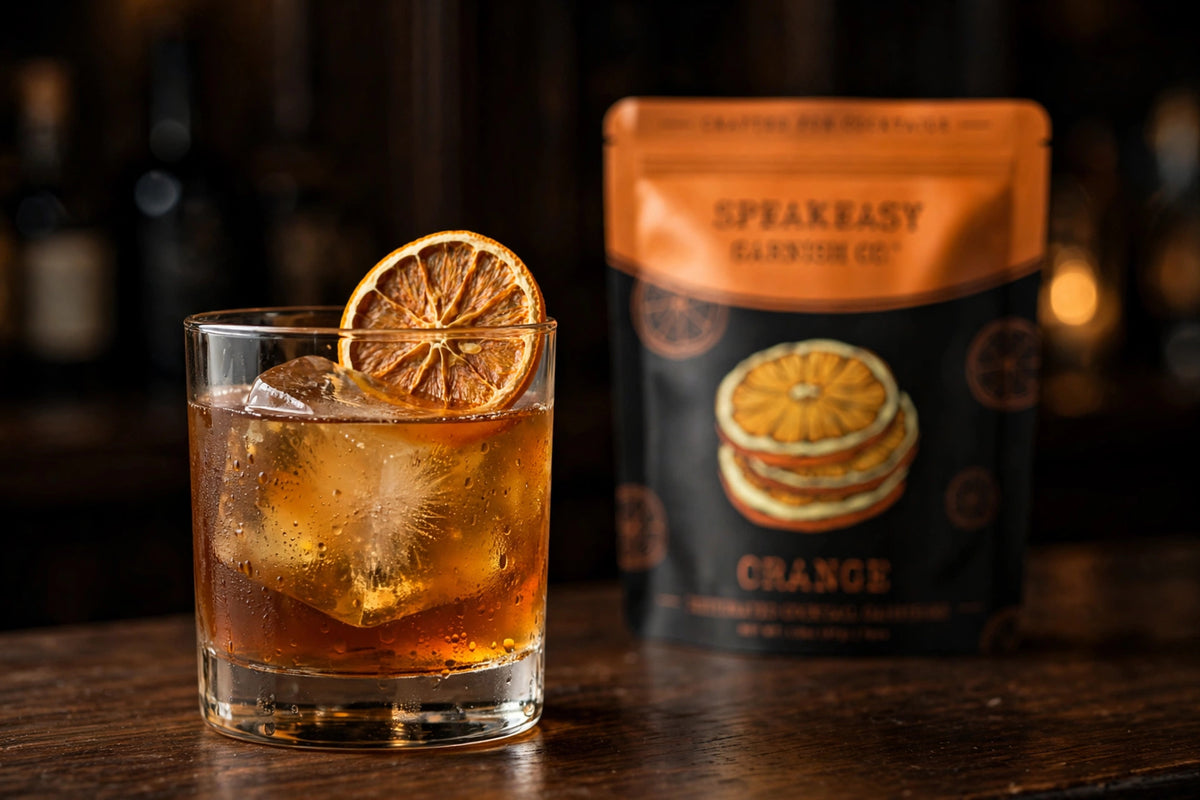 Dried orange wheel on a cocktail glass rim, Speakeasy Garnishes orange pouch in background